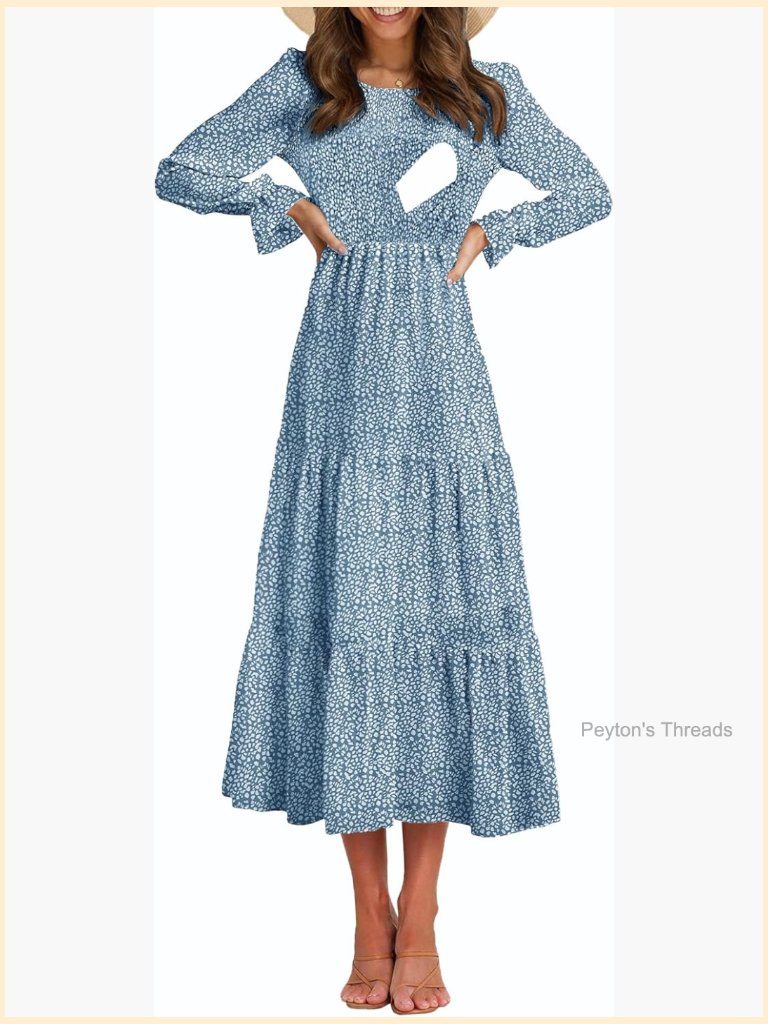Nursing Dress Flounces Long Sleeve Crew Neck Smocked Bodice Ruched Elastic